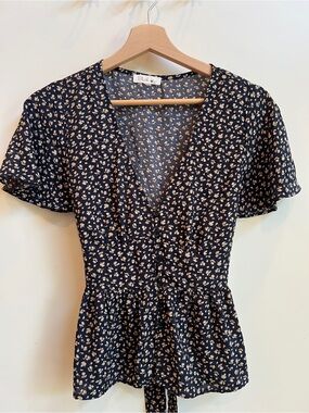 Blush Navy Floral Print Top with Cream Accents